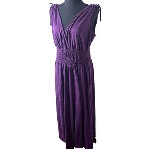 women's purple plunge neck maxi‎ dress XL, elastic waist tie-at-shoulder detail